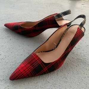 Zara Red Black Plaid Sling Back Pumps Heels Shoes